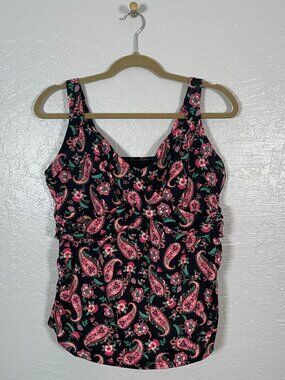 Lands End Women Plus Size 16W Black Pink Green Paisley Tankini Swim Underwire